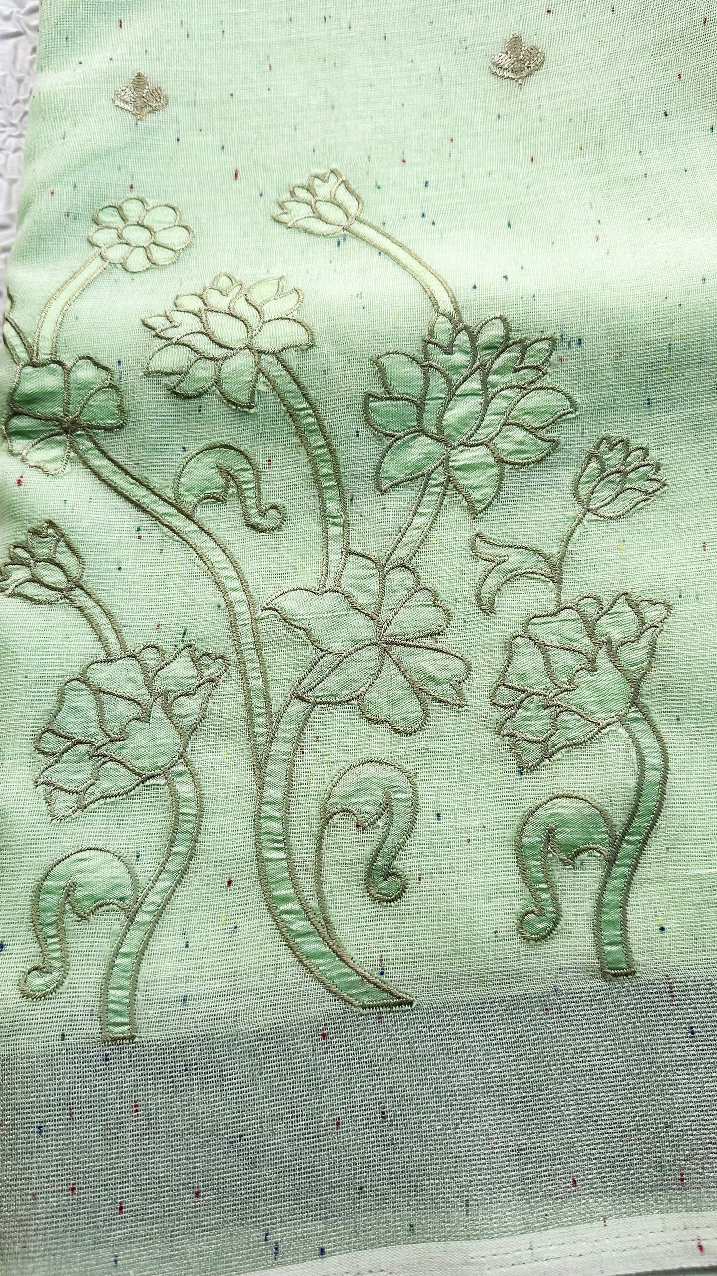 Light Green Linen Saree with Floral Appliqué Embroidery & Tassel Pallu