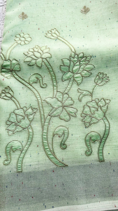 Light Green Linen Saree with Floral Appliqué Embroidery & Tassel Pallu