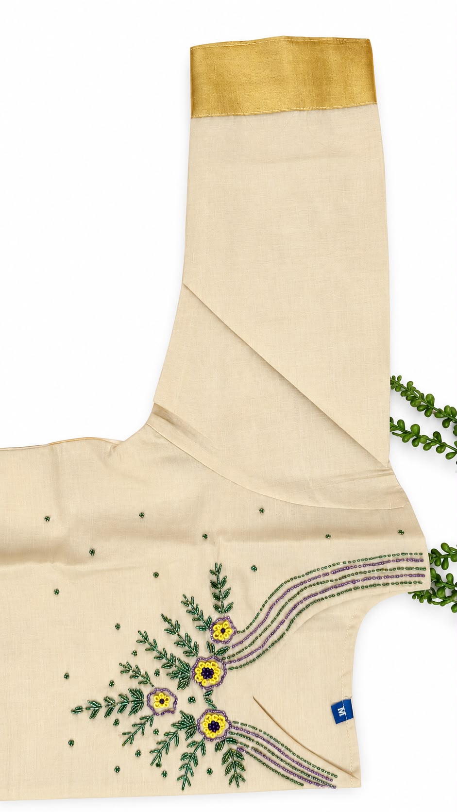 Tissue Kurta with Hand Beadwork Neckline – Onam Special | Cream Kurta with Gold Zari Sleeve Border
