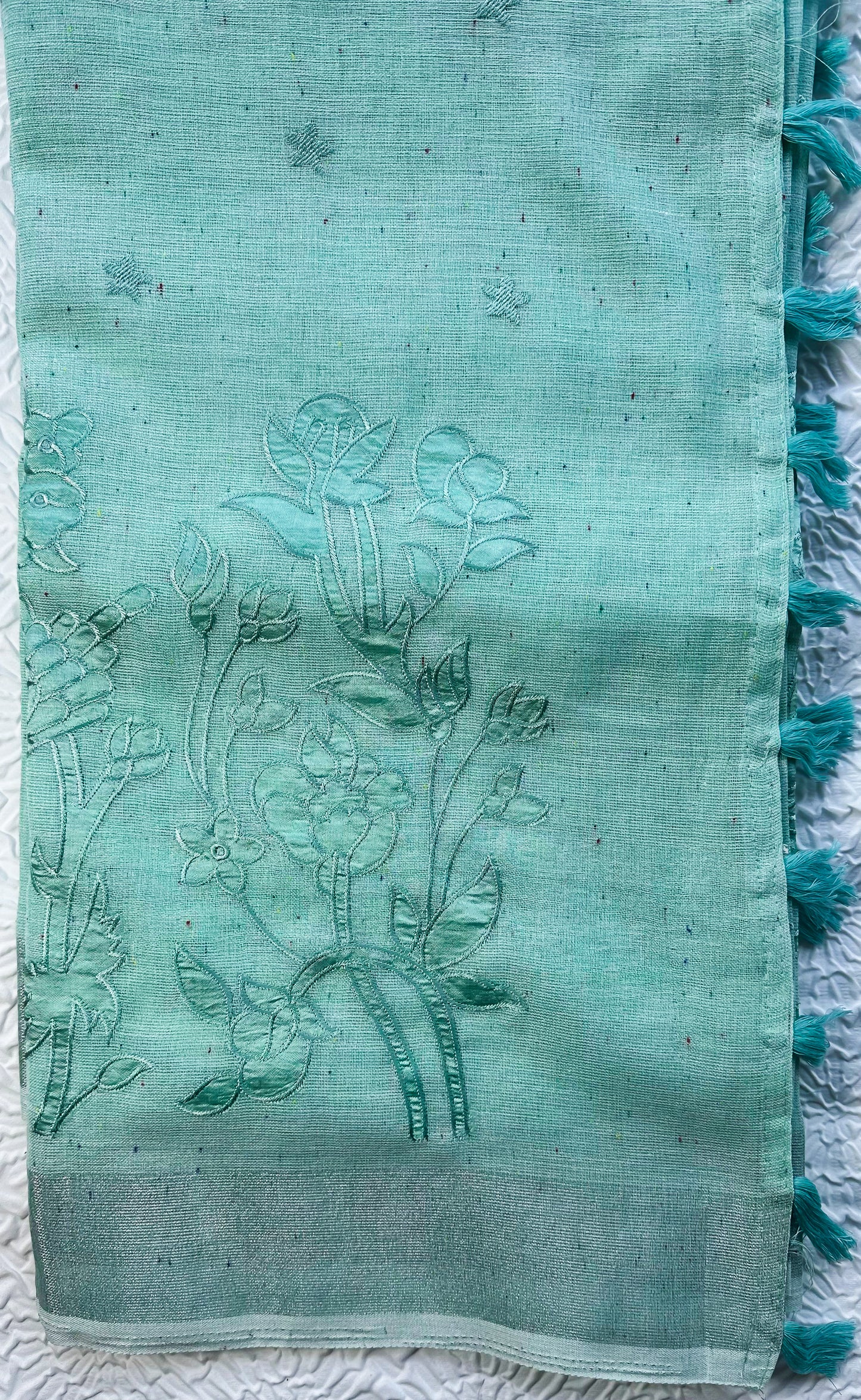 Light Blue Linen Saree with Floral Appliqué Embroidery & Tassel Pallu