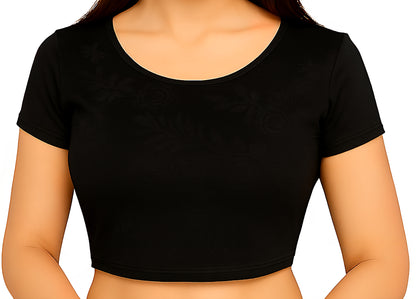 Velvet Stretchable Blouse with One Half Embossed Sleeve