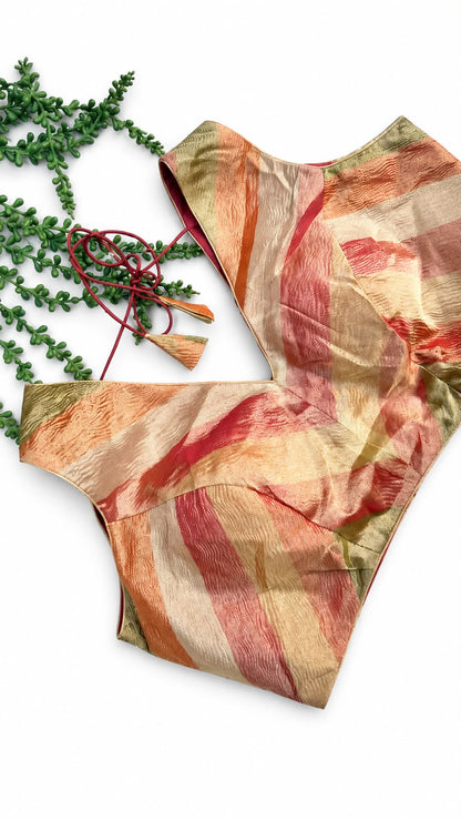 Sleeveless Chevron Stripe Blouse – Multicolour Earthy Shades | Ready to Wear Deep V-Neck Blouse with Maroon Tie-Back