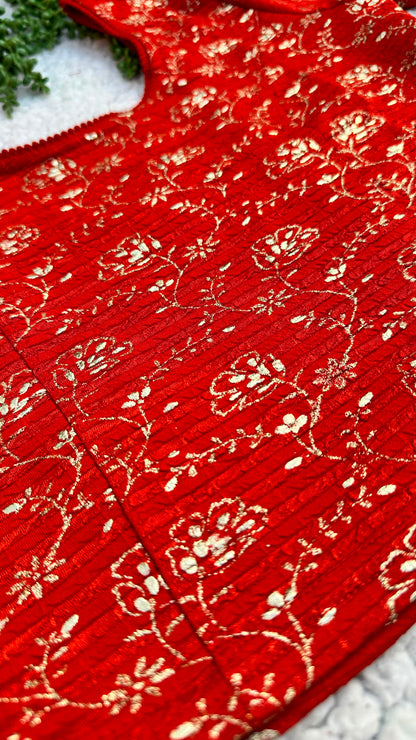 Stretchable Readymade Saree Blouse | Foil Floral Vine Print on Ribbed Fabric | Ready to Wear Round Neck Blouse (S-L)