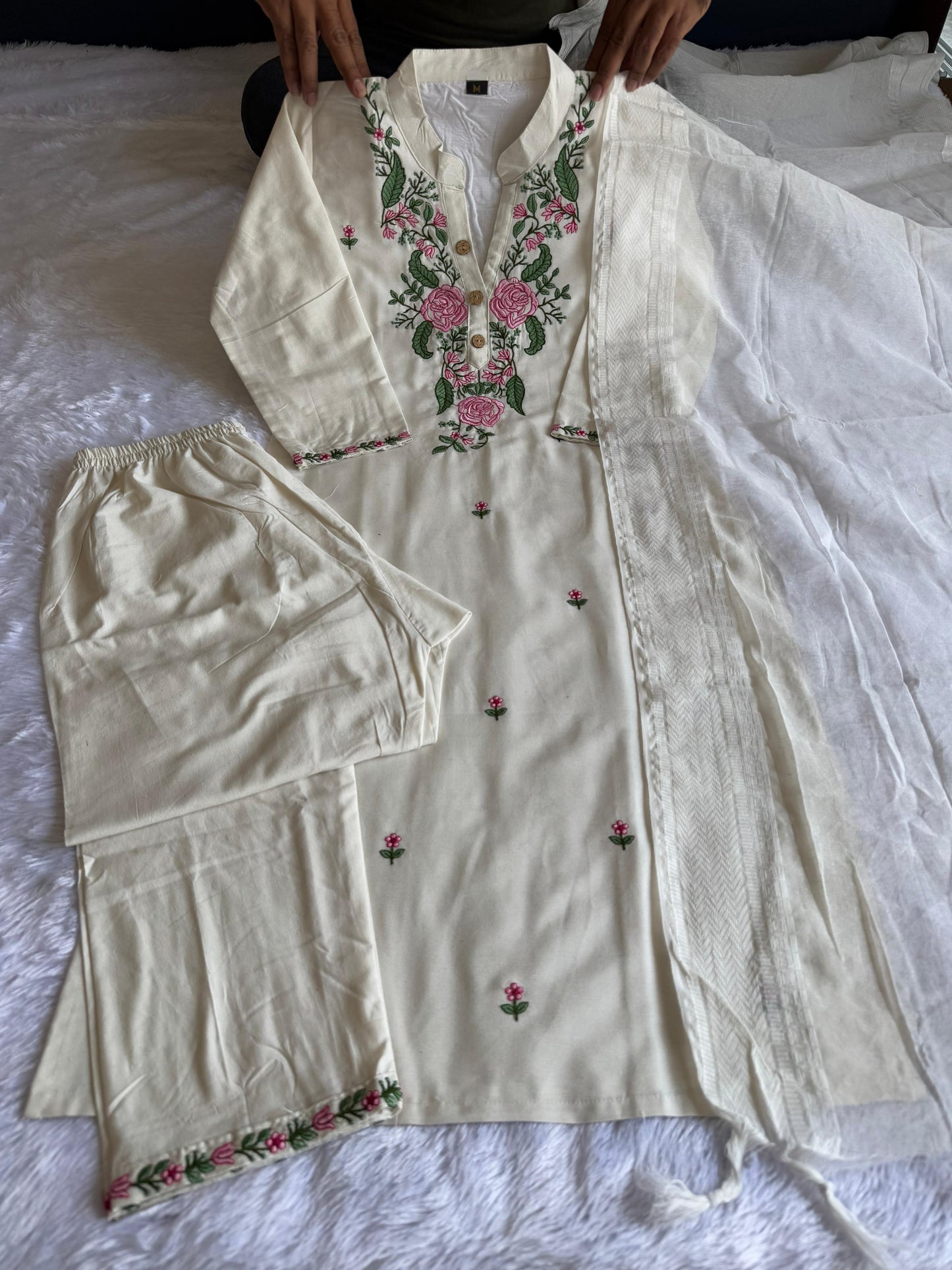 Elegant White Embroidered Khadi Cotton Salwar Suit Set