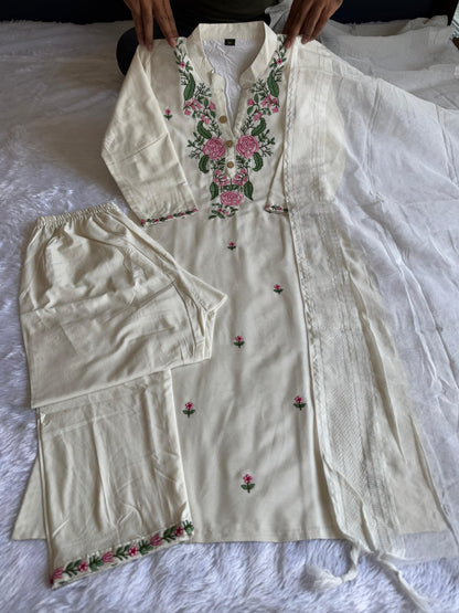Elegant White Embroidered Khadi Cotton Salwar Suit Set