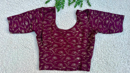 Stretchable Readymade Saree Blouse | Foil Floral Vine Print on Ribbed Fabric | Ready to Wear Round Neck Blouse (S-L)
