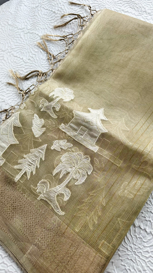 Elegant Fancy Tissue Saree with Intricate Appliqué Work & Tassel Pallu