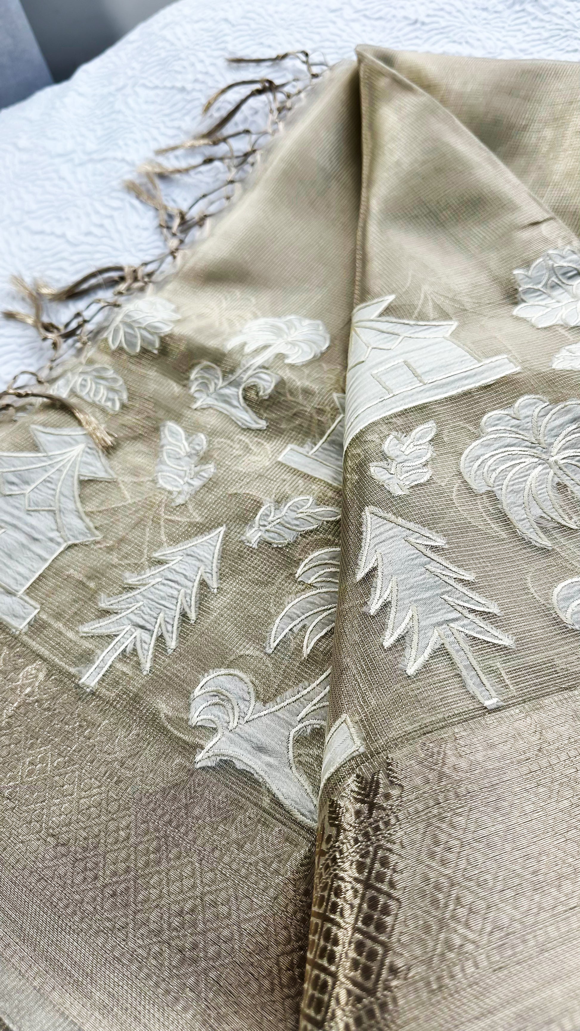 Fancy tissue saree with non-floral appliqué embroidery and tassel pallu in a soft, glossy finish.