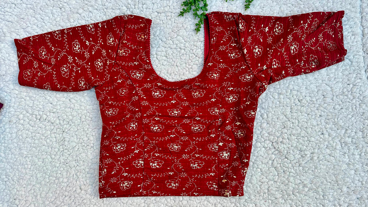 Stretchable Readymade Saree Blouse | Foil Floral Vine Print on Ribbed Fabric | Ready to Wear Round Neck Blouse (S-L)