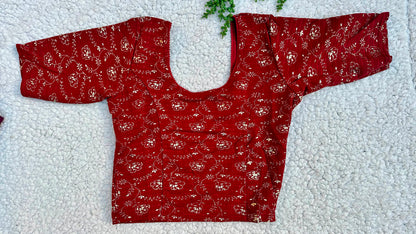 Stretchable Readymade Saree Blouse | Foil Floral Vine Print on Ribbed Fabric | Ready to Wear Round Neck Blouse (S-L)