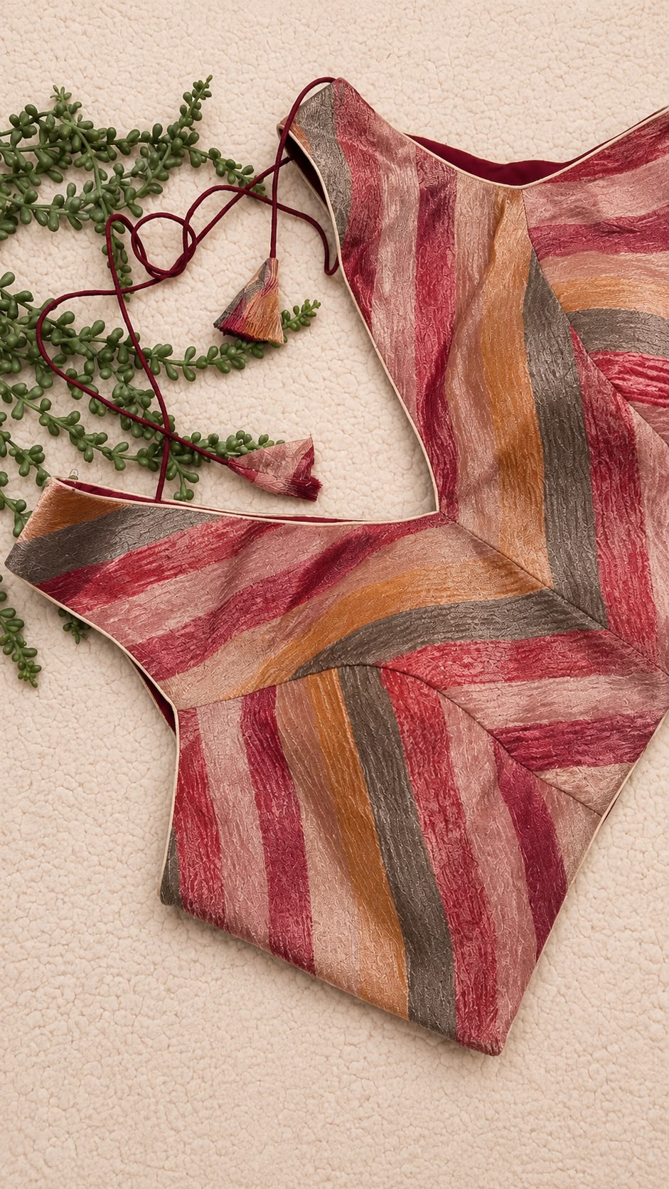 Sleeveless Chevron Stripe Blouse – Multicolour Pastel Shades | Ready to Wear V-Neck Blouse with Maroon Lining