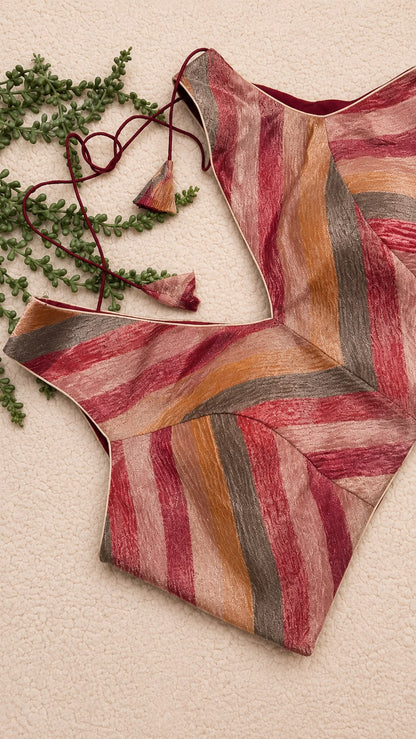 Sleeveless Chevron Stripe Blouse – Multicolour Pastel Shades | Ready to Wear V-Neck Blouse with Maroon Lining