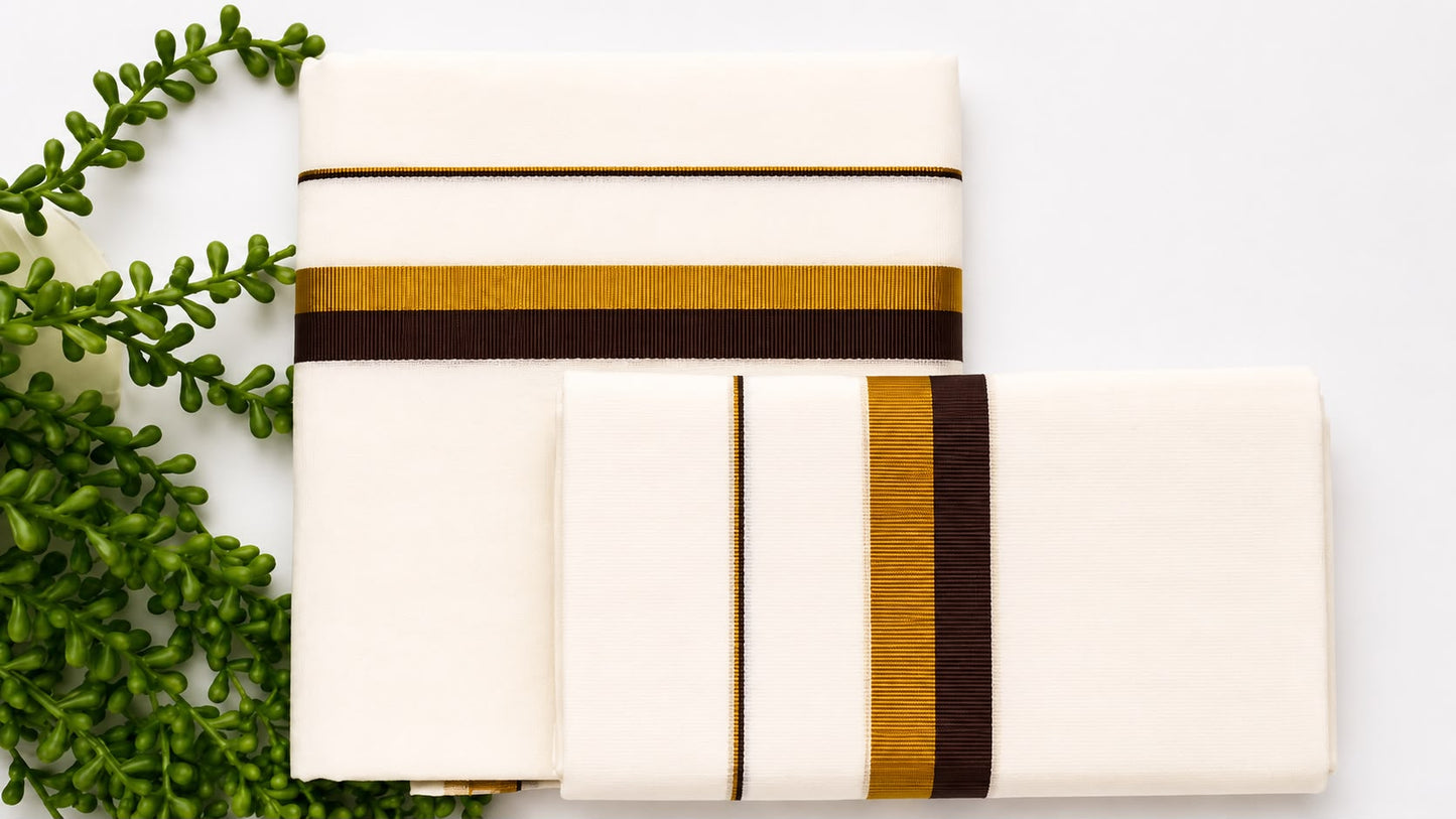 Kerala Set Mundu | Cotton 2-Piece Mundum Neriyathum with Gold Zari & Contrast Colour Border