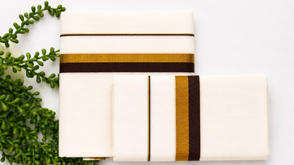 Kerala Set Mundu | Cotton 2-Piece Mundum Neriyathum with Gold Zari & Contrast Colour Border