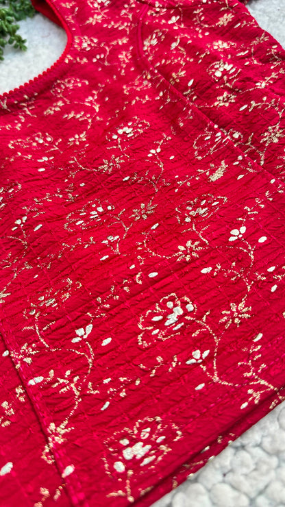 Stretchable Readymade Saree Blouse | Foil Floral Vine Print on Ribbed Fabric | Ready to Wear Round Neck Blouse (S-L)
