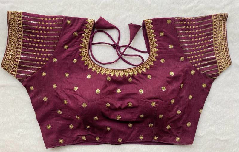 Milan silk readymade blouse in rich embroidery with heavy thread, zari, and 3mm sequins, free-size adjustable fit.