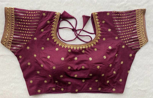 Milan silk readymade blouse in rich embroidery with heavy thread, zari, and 3mm sequins, free-size adjustable fit.