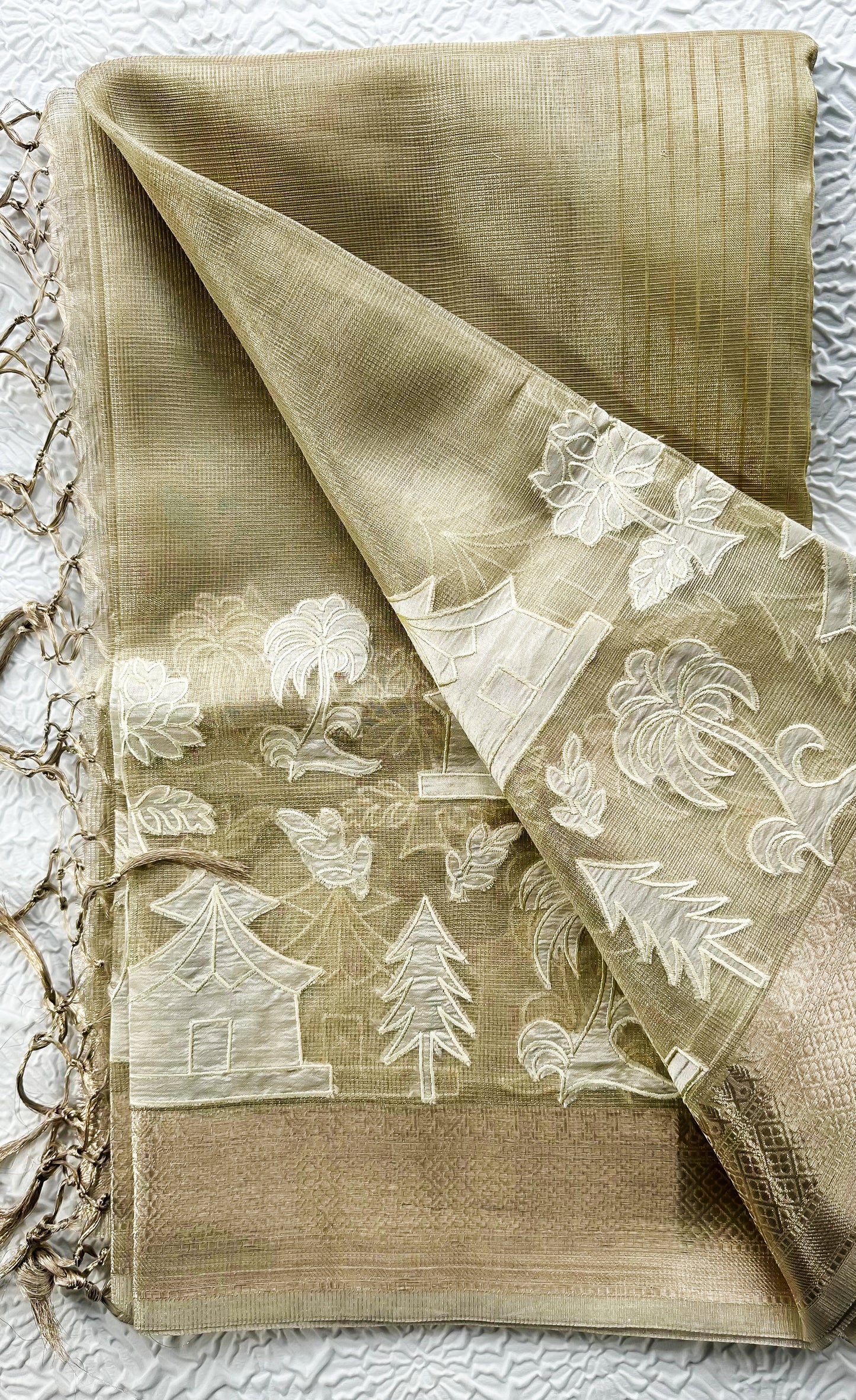 Elegant Fancy Tissue Saree with Intricate Appliqué Work & Tassel Pallu