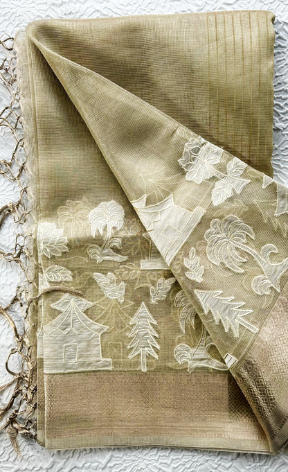 Elegant Fancy Tissue Saree with Intricate Appliqué Work & Tassel Pallu
