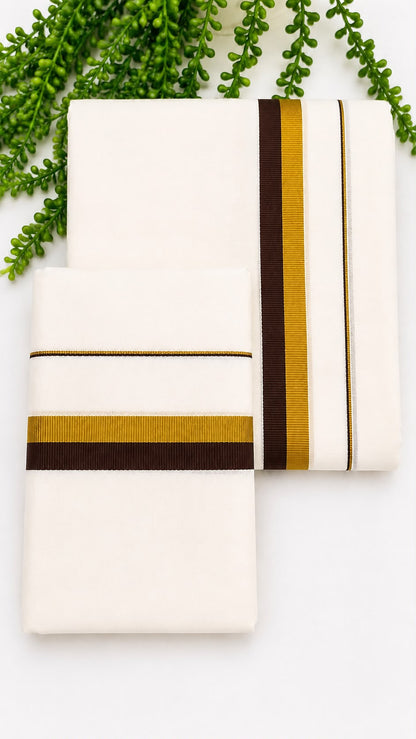 Kerala Set Mundu | Cotton 2-Piece Mundum Neriyathum with Gold Zari & Contrast Colour Border