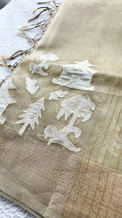 Elegant Fancy Tissue Saree with Intricate Appliqué Work & Tassel Pallu
