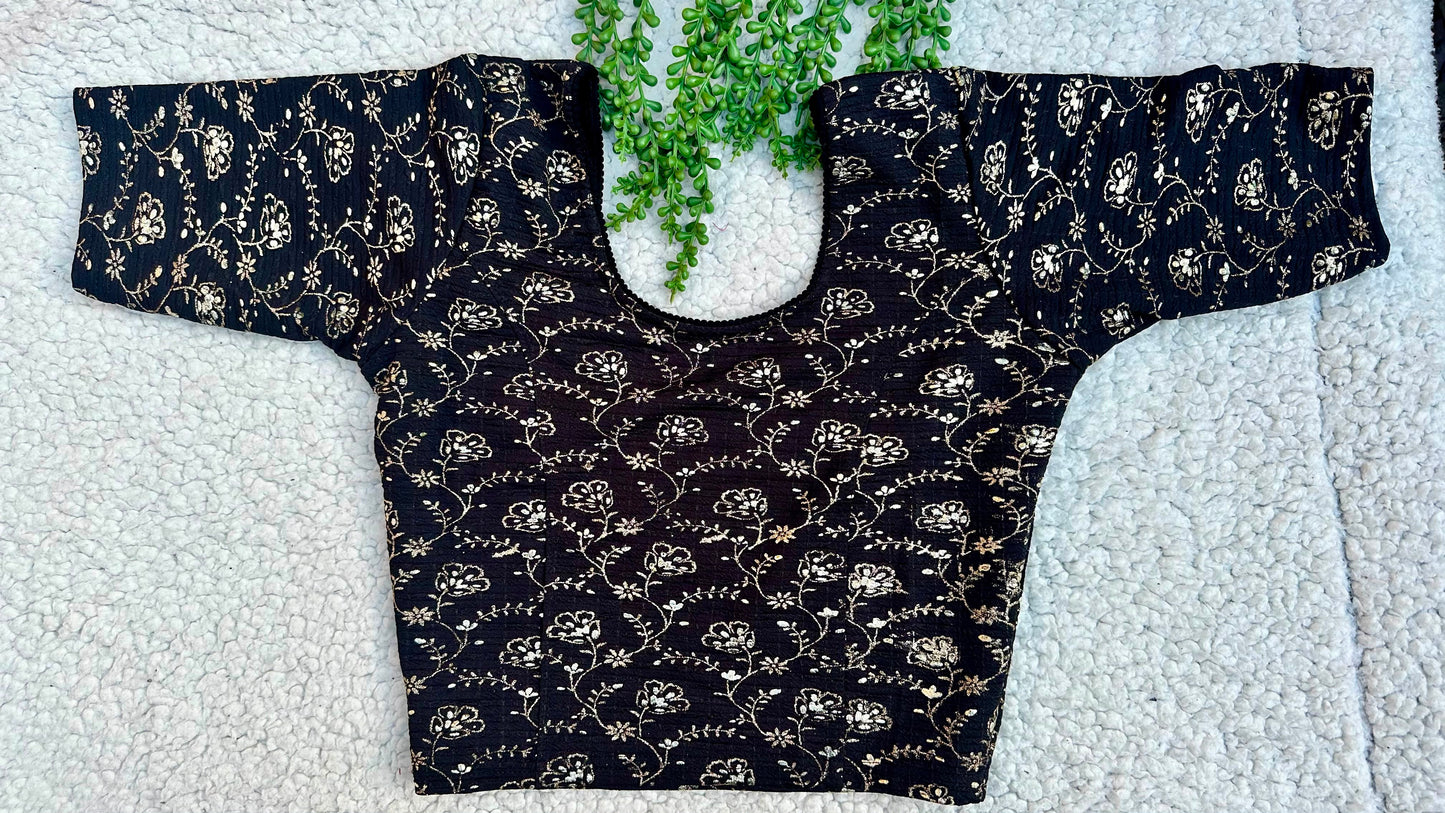 Stretchable Readymade Saree Blouse | Foil Floral Vine Print on Ribbed Fabric | Ready to Wear Round Neck Blouse (S-L)
