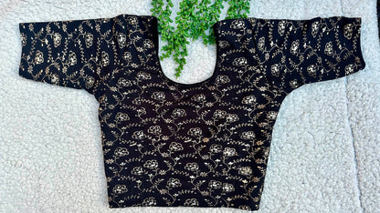 Stretchable Readymade Saree Blouse | Foil Floral Vine Print on Ribbed Fabric | Ready to Wear Round Neck Blouse (S-L)