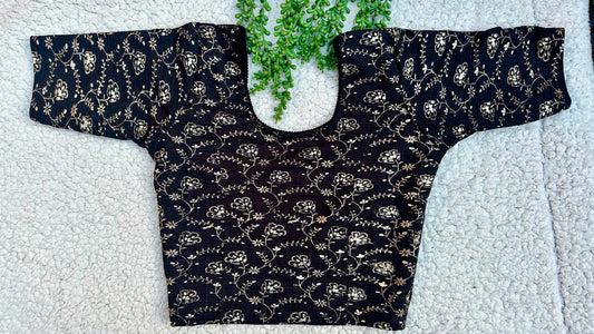 Stretchable Readymade Saree Blouse | Foil Floral Vine Print on Ribbed Fabric | Ready to Wear Round Neck Blouse (L-XXXL)