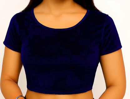 Velvet Stretchable Blouse with One Half Embossed Sleeve