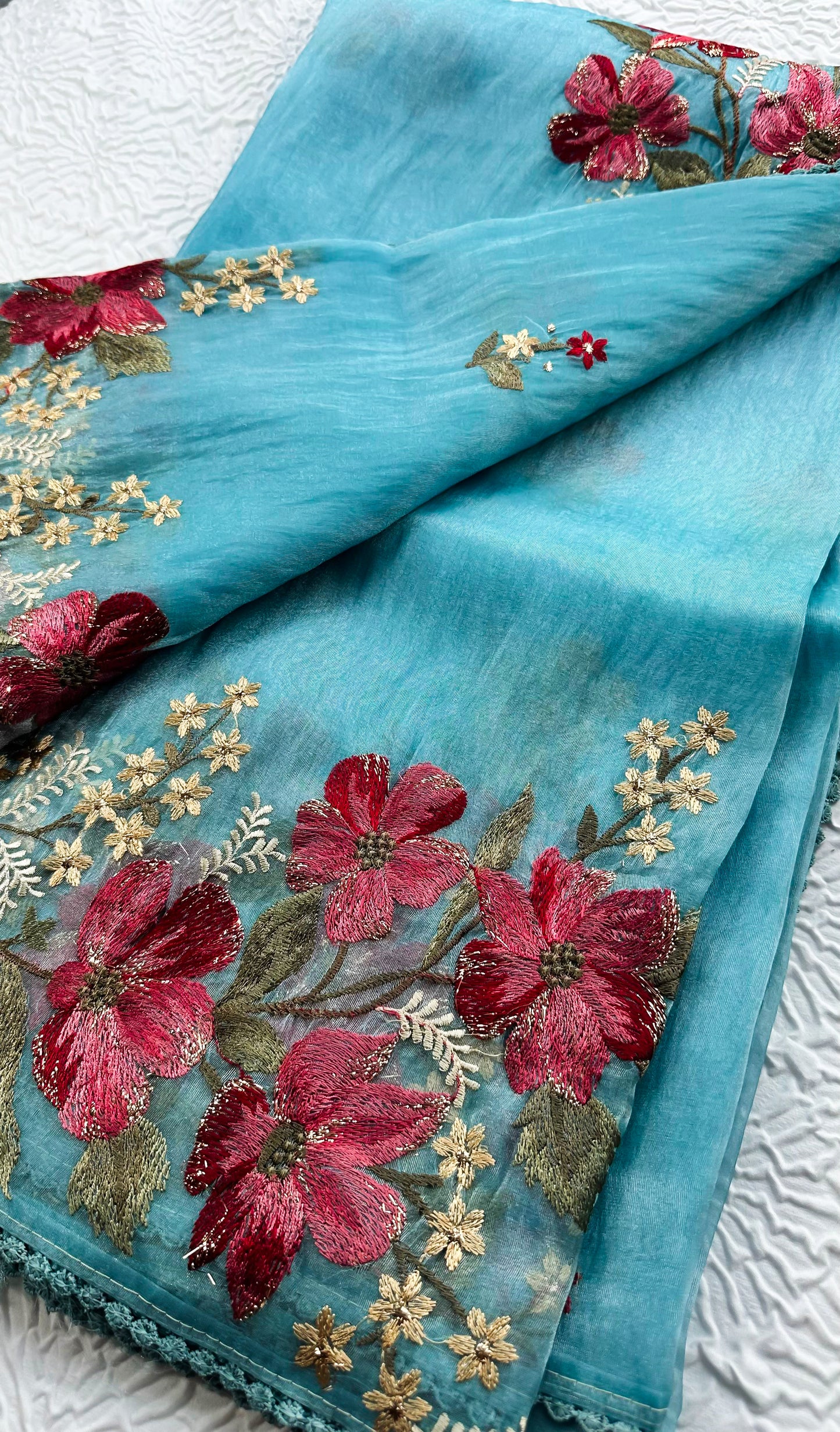 Glass Tissue Saree with Resham Shaded Floral Embroidery