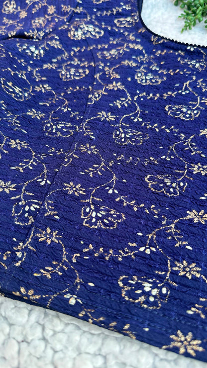 Stretchable Readymade Saree Blouse | Foil Floral Vine Print on Ribbed Fabric | Ready to Wear Round Neck Blouse (S-L)
