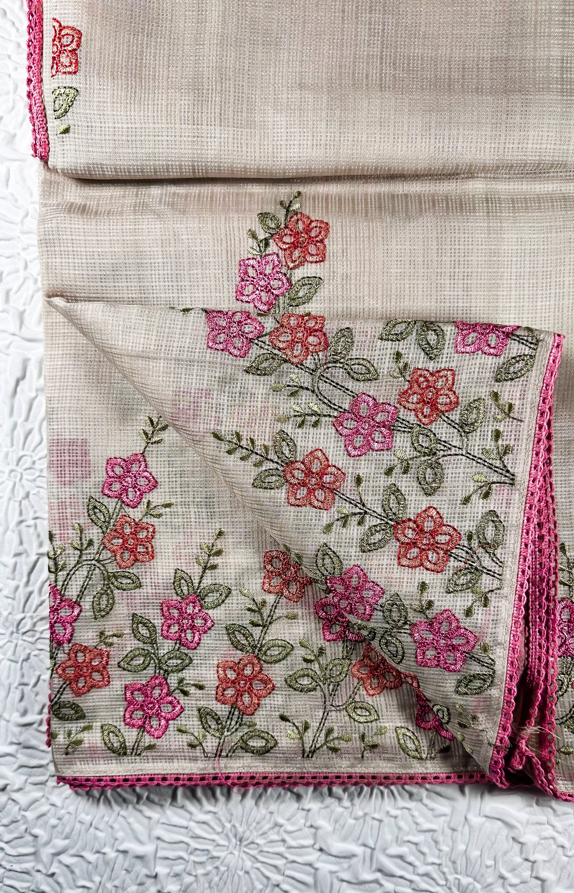 Hand-embroidered linen table runner and napkins set featuring delicate pink and coral floral motifs with green leaves and burgundy trim - traditional cross-stitch needlework for UK home decor