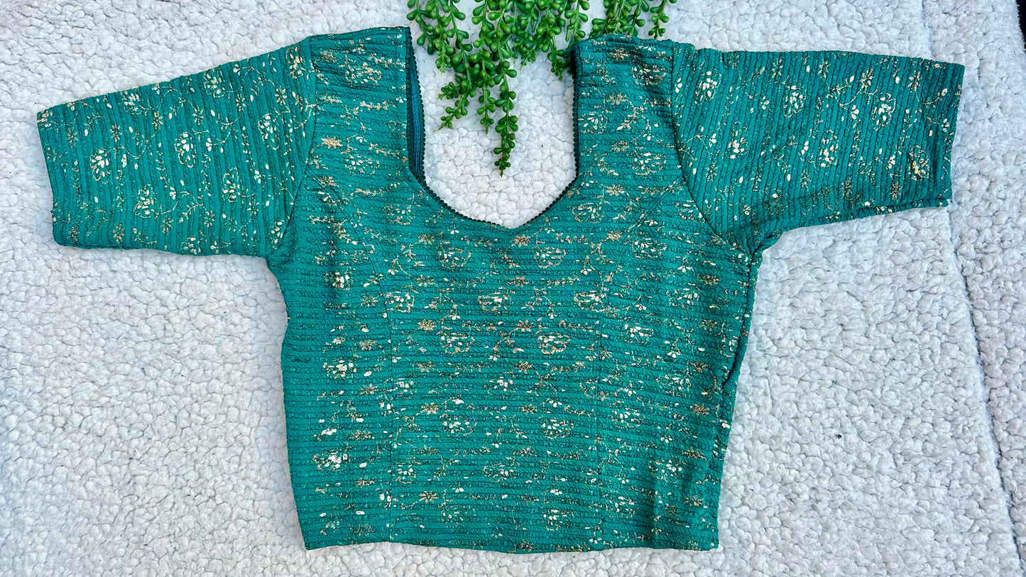 Stretchable Readymade Saree Blouse | Foil Floral Vine Print on Ribbed Fabric | Ready to Wear Round Neck Blouse (S-L)