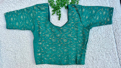 Stretchable Readymade Saree Blouse | Foil Floral Vine Print on Ribbed Fabric | Ready to Wear Round Neck Blouse (S-L)