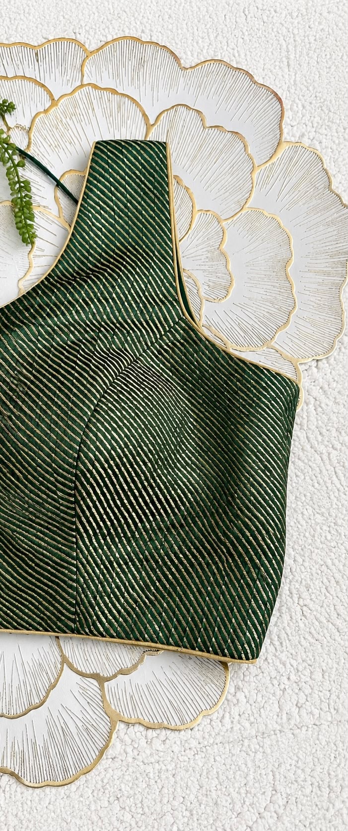Bottle Green Brocade Sleeveless Blouse with Diagonal Gold Stripes | Free Size