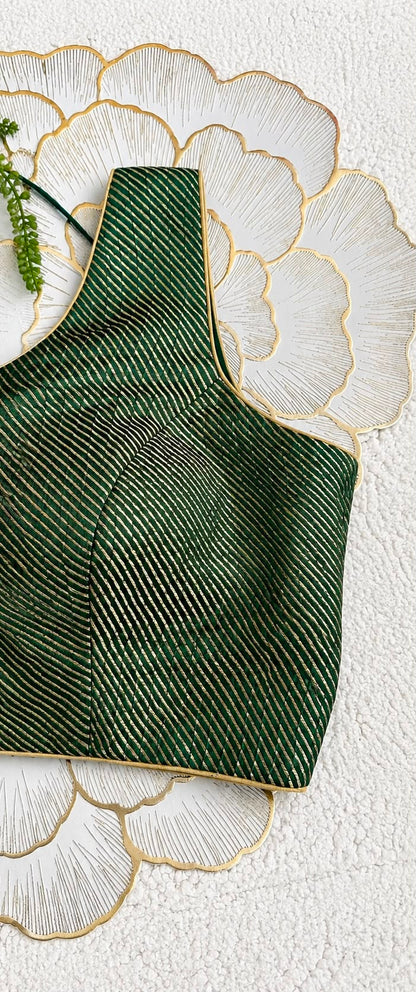 Bottle Green Brocade Sleeveless Blouse with Diagonal Gold Stripes | Free Size