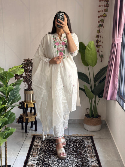 Elegant White Embroidered Khadi Cotton Salwar Suit Set