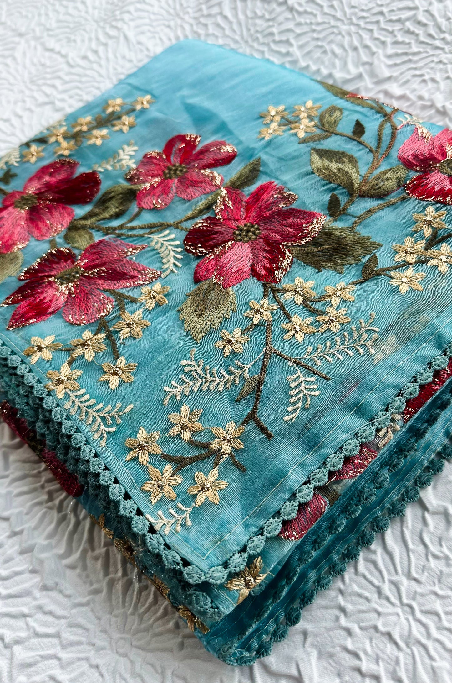 Glass Tissue Saree with Resham Shaded Floral Embroidery