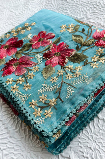Glass Tissue Saree with Resham Shaded Floral Embroidery