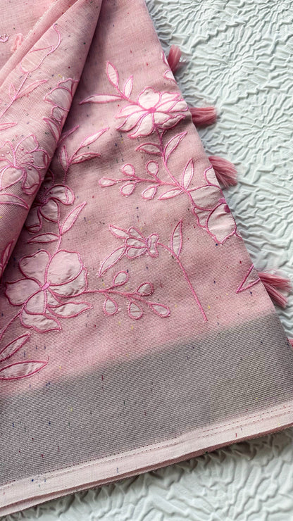 Soft Pink Linen Saree with Floral Appliqué Work & Tassel Detailing