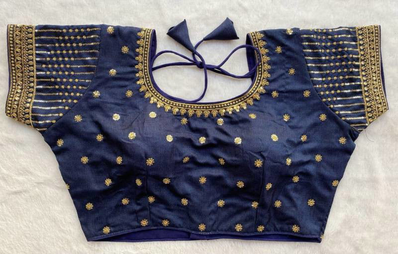 Milan silk readymade blouse in rich embroidery with heavy thread, zari, and 3mm sequins, free-size adjustable fit.