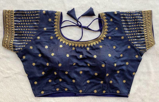 Milan silk readymade blouse in rich embroidery with heavy thread, zari, and 3mm sequins, free-size adjustable fit.