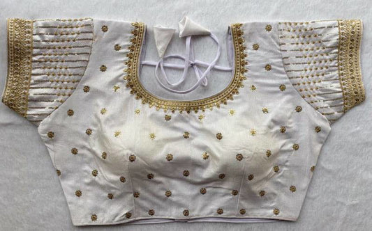 Milan silk readymade blouse in rich embroidery with heavy thread, zari, and 3mm sequins, free-size adjustable fit.