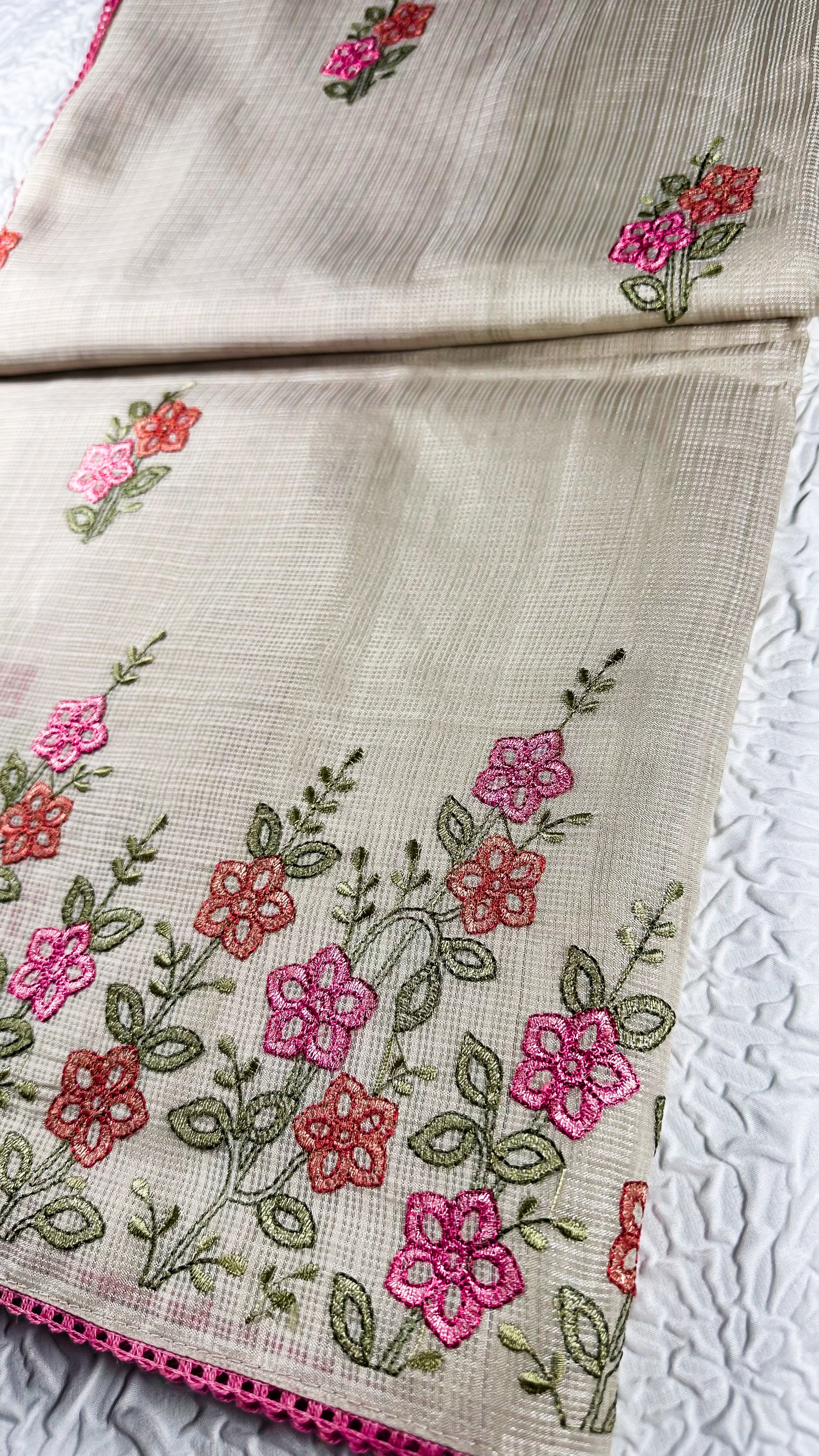 Hand-embroidered linen table runner and napkins set featuring delicate pink and coral floral motifs with green leaves and burgundy trim - traditional cross-stitch needlework for UK home decor