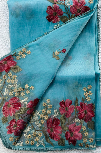 Glass Tissue Saree with Resham Shaded Floral Embroidery