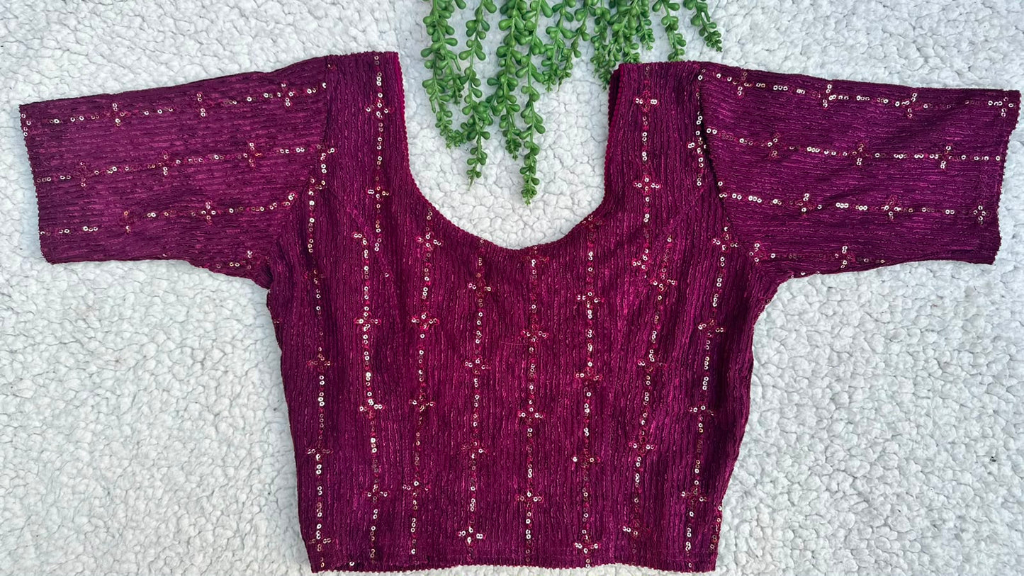 Crinkle Stretch Saree Blouse with Sequin Work | Ready to Wear Round Neck Blouse with Sequin Border Detailing (S-L)