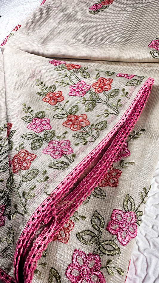 Hand-embroidered linen table runner and napkins set featuring delicate pink and coral floral motifs with green leaves and burgundy trim - traditional cross-stitch needlework for UK home decor
