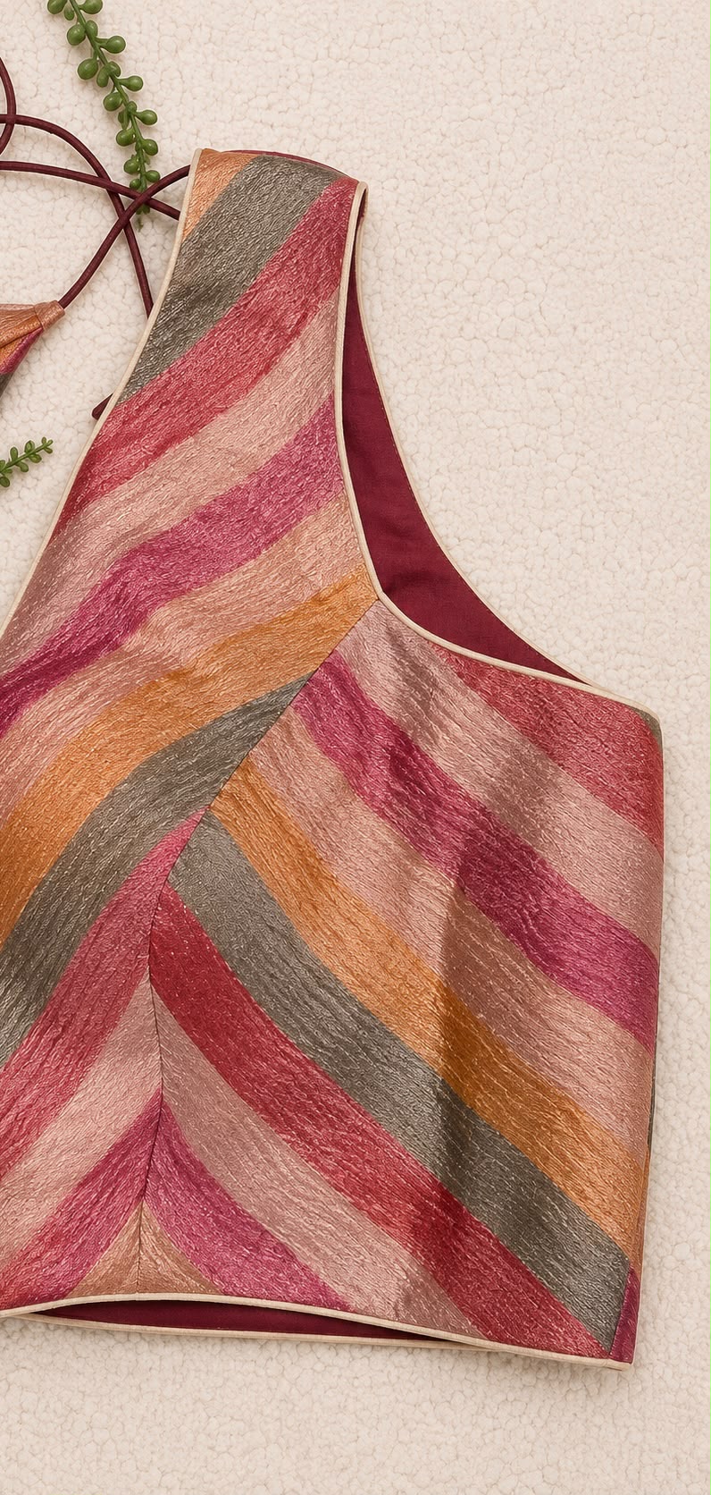 Sleeveless Chevron Stripe Blouse – Multicolour Pastel Shades | Ready to Wear V-Neck Blouse with Maroon Lining