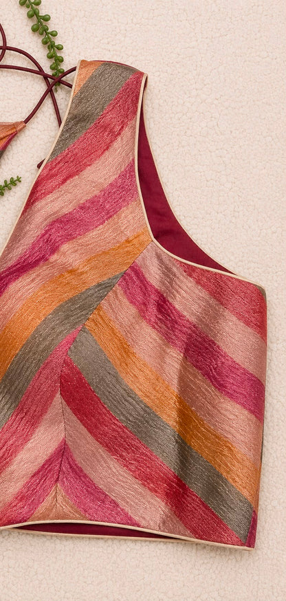 Sleeveless Chevron Stripe Blouse – Multicolour Pastel Shades | Ready to Wear V-Neck Blouse with Maroon Lining