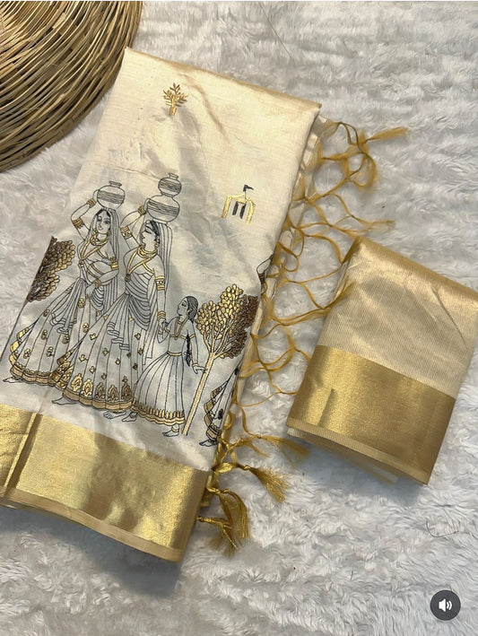 Tusser Silk Saree Cream Gold-Village Themed